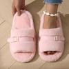 Cozy Furry Slippers for Women, Refined Golden Buckle for Strap Adjustment, Thick Warm Plush Slippers
