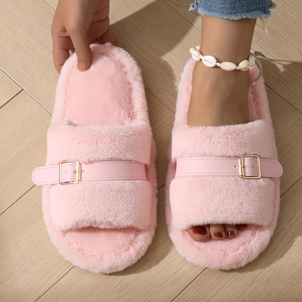 Cozy Furry Slippers for Women, Refined Golden Buckle for Strap Adjustment, Thick Warm Plush Slippers