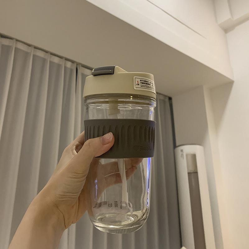 Korean Glass Water Bottle ins Portable Glass Cup With Lid Straw For Coffee Milk Tea Juice Anti-scalding School Drink Bottle Gift
