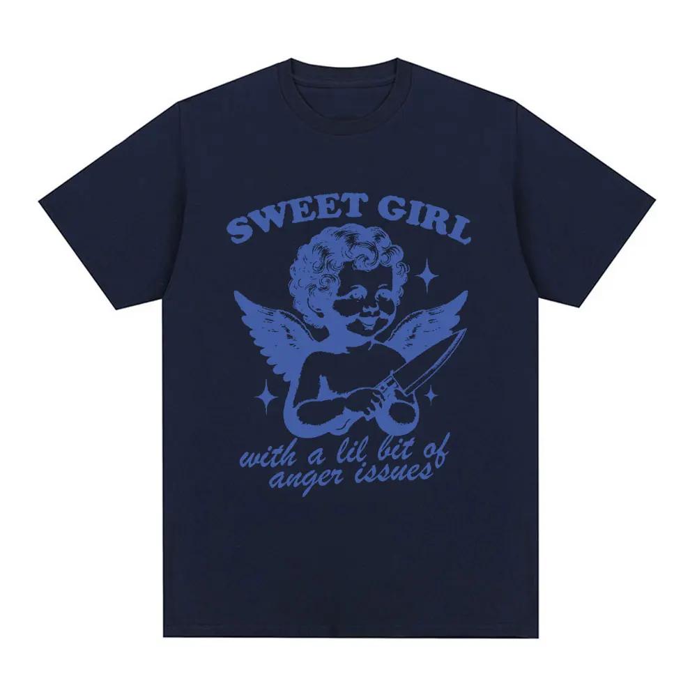 Sweet Girl with Anger Issues T Shirt Funny Angel Lovers T-shirts 100% Cotton Casual Oversized Short Sleeve Tee Shirt Unisex