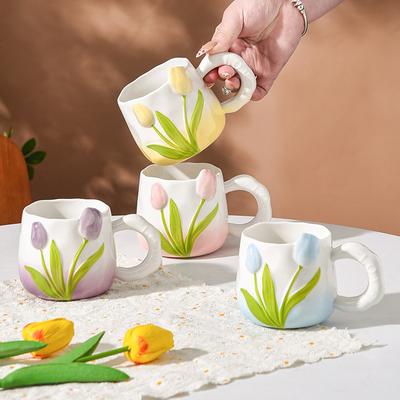 Hand Painted Ceramic Cup Three Dimensional Relief Cup Tulip Cup Flowers Mug with Handle Bestie Cup Souvenir