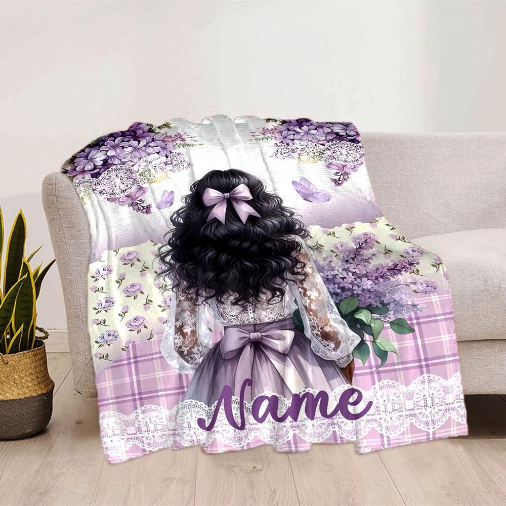 Home Customize Your Name Blankets Floral Lilac Butterflies Lace Elegant Design Comfortable Soft Lightweight Allseason Multipurpose Blanket For Picnic