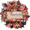Summer Party Decoration Patriotic Wreath for Front Door Handmade 4th of July Hanger Red White Blue American Wooden Hanging Plaque Wall Porch Memorial