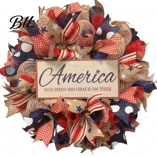 Summer Party Decoration Patriotic Wreath for Front Door Handmade 4th of July Hanger Red White Blue American Wooden Hanging Plaque Wall Porch Memorial