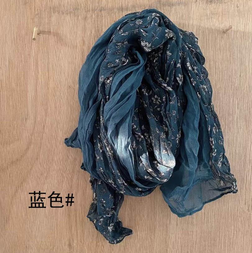 New Retro Literary Imitation Cotton And Linen Pleated Thin Versatile Shawl Small Floral Scarf Yarn Japanese Fashion Trend