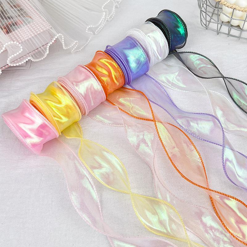 Iridescent Wavy Fish‑Tail Tulle Ribbon, Colorful Lace Yarn Tape for Flower Packaging Bow Making and Floral Art Decoration