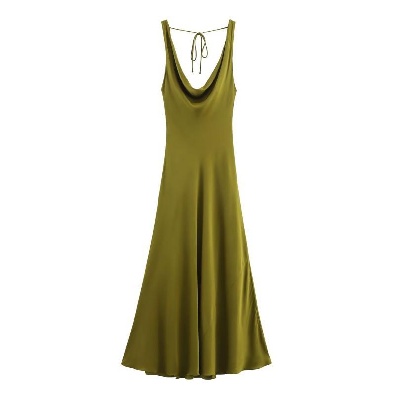 

European American Women s Clothing Summer Fashionable Backless Silk Satin Texture Long Dress S жовто-зелений