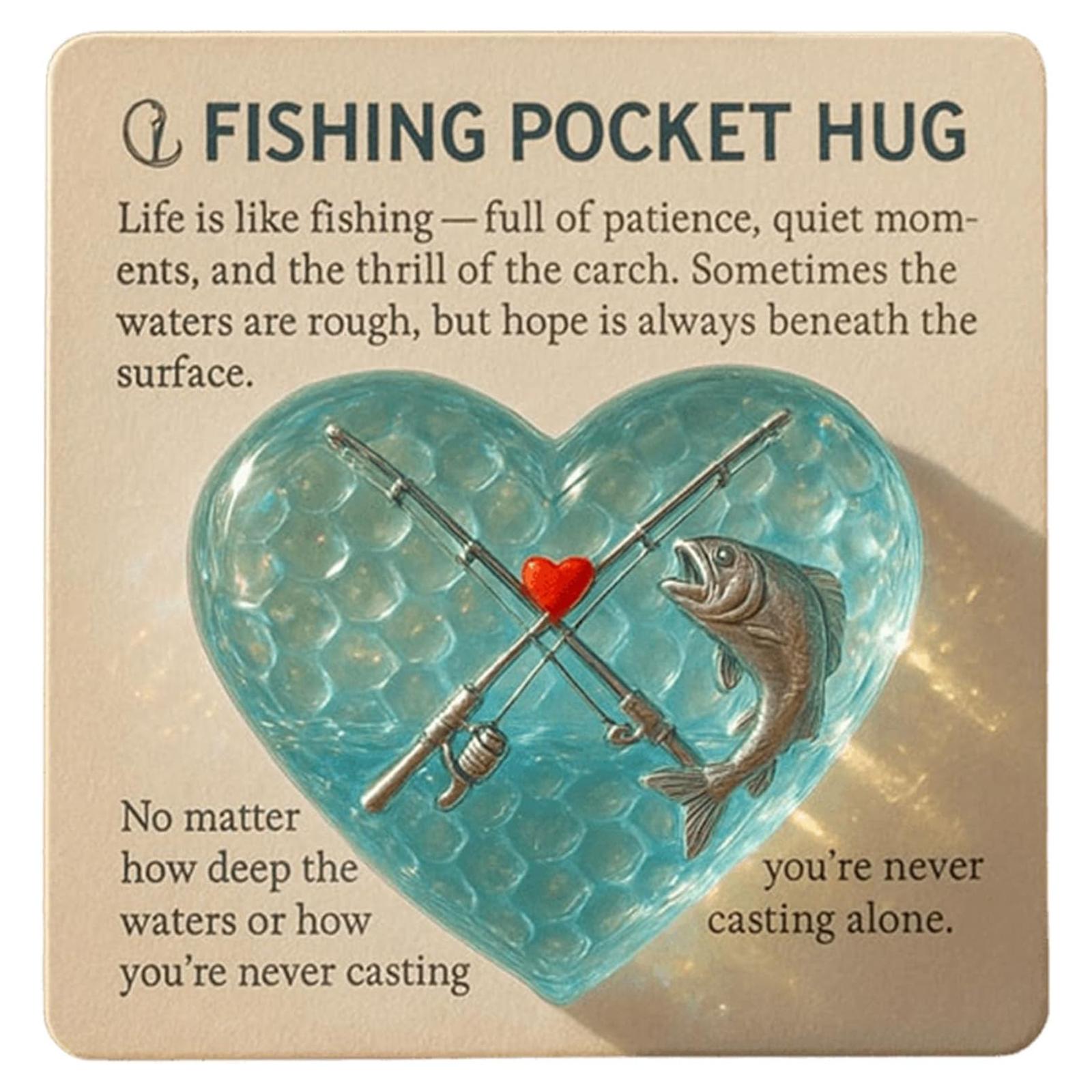 

Fishing Lover Pocket Hug Gift Card Sea Glass Heart Shape Pocket Hug Token with Fishing Rod & Fish Keepsake For Fishermen/Husband