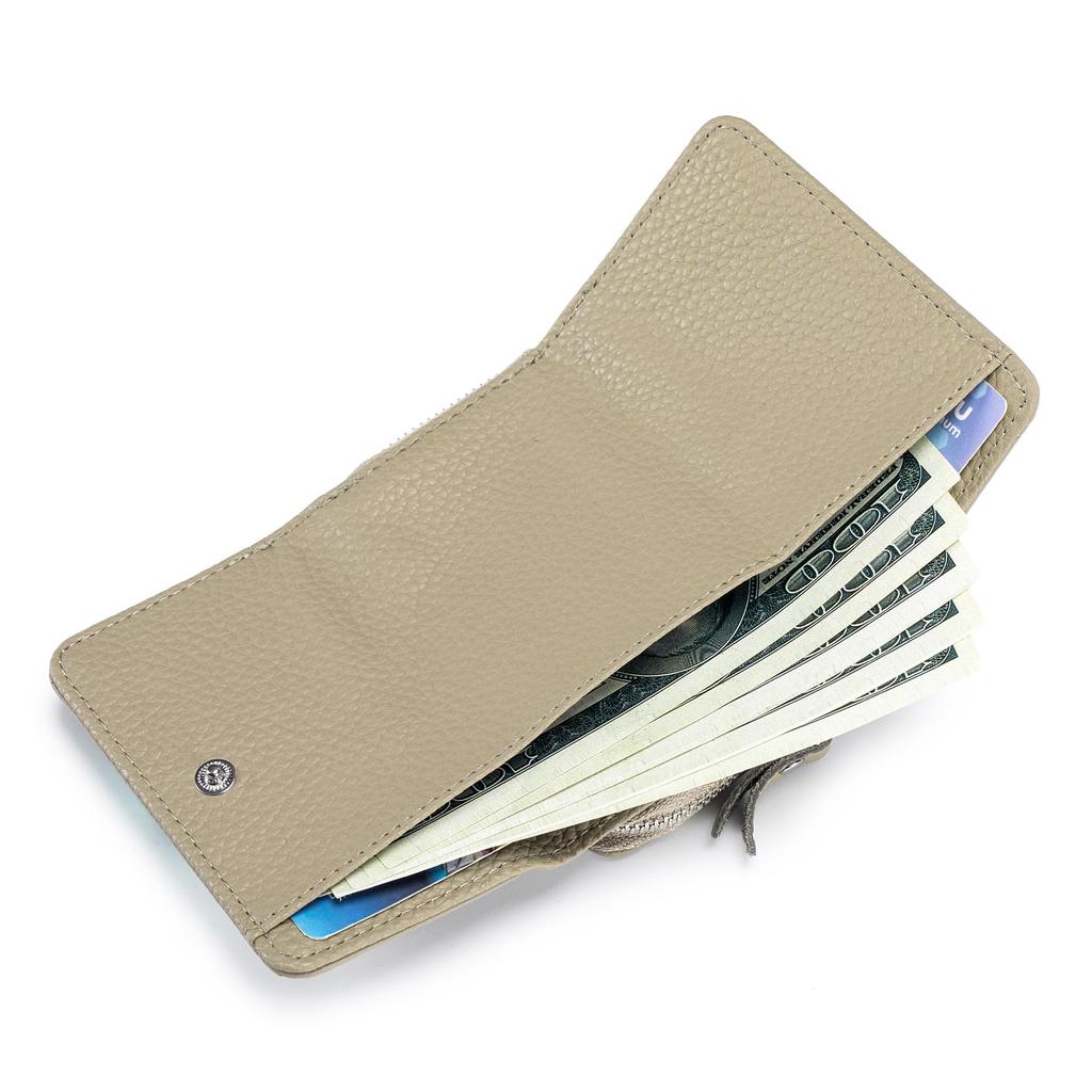 Bearneko Women's Mini Wallet, Compact Tri-fold Wallet, Genuine Leather, Anti-Skimming, Coin Purse, Holds 6 Cards, Large Capacity, Unisex (Grey Beige)