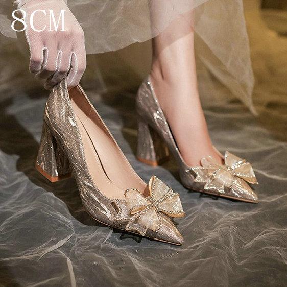 Fashion High Heels Women Silver Chunky Glass Slipper Wedding Shoes Two Wear Gold Mid-Heel Bridesmaid Shoes
