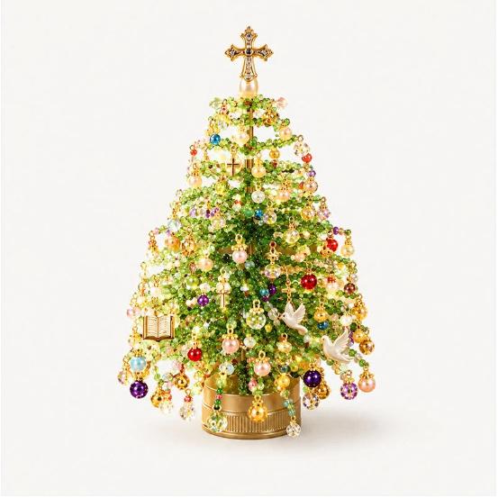 Mini Tabletop DIY Beaded Christmas Tree Craft Kit, Handmade Glass Bead Holiday Decor with Light String