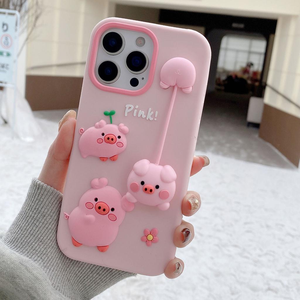 For iPhone 16 Pro Max Silicone Case Cute 3D Cartoon Pig Pendant Shockproof Phone Back Cover