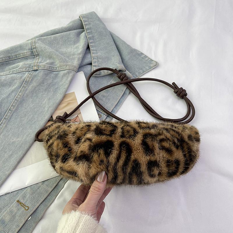 Leopard Print Faux Fur Shoulder Bag Vintage Women Plush Warm  Adjustable Strap Crossbody Bag CLE