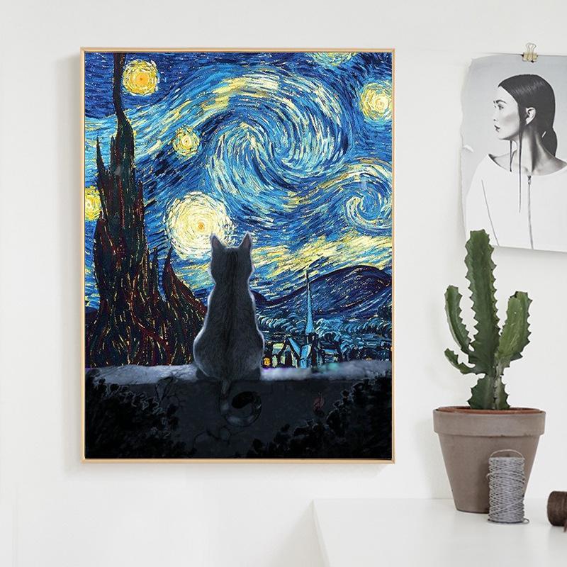 Van Gogh Starry Night Cat DIY Digital Oil Painting: Advanced Handmade Decorative Art