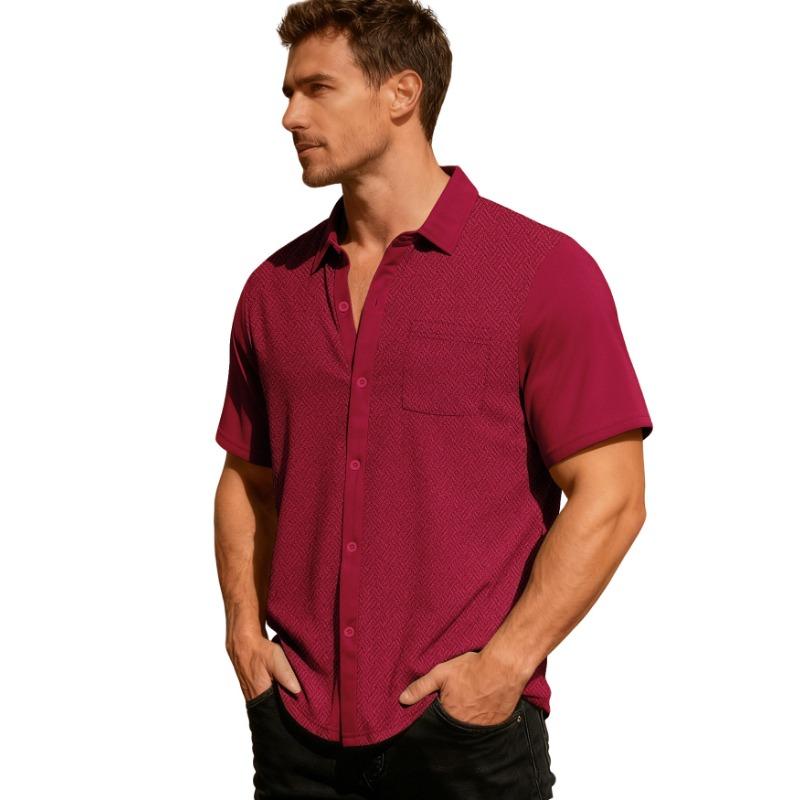 Men's Terry Jacquard Short Sleeve Lapel Cardigan Shirt Breathable Loose.