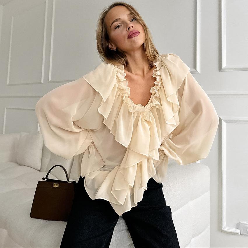 Spring New Chiffon V-neck Flying Sleeve Ruffle Edge Shirt 1116 European and American Fashion Wholesale Women's Top