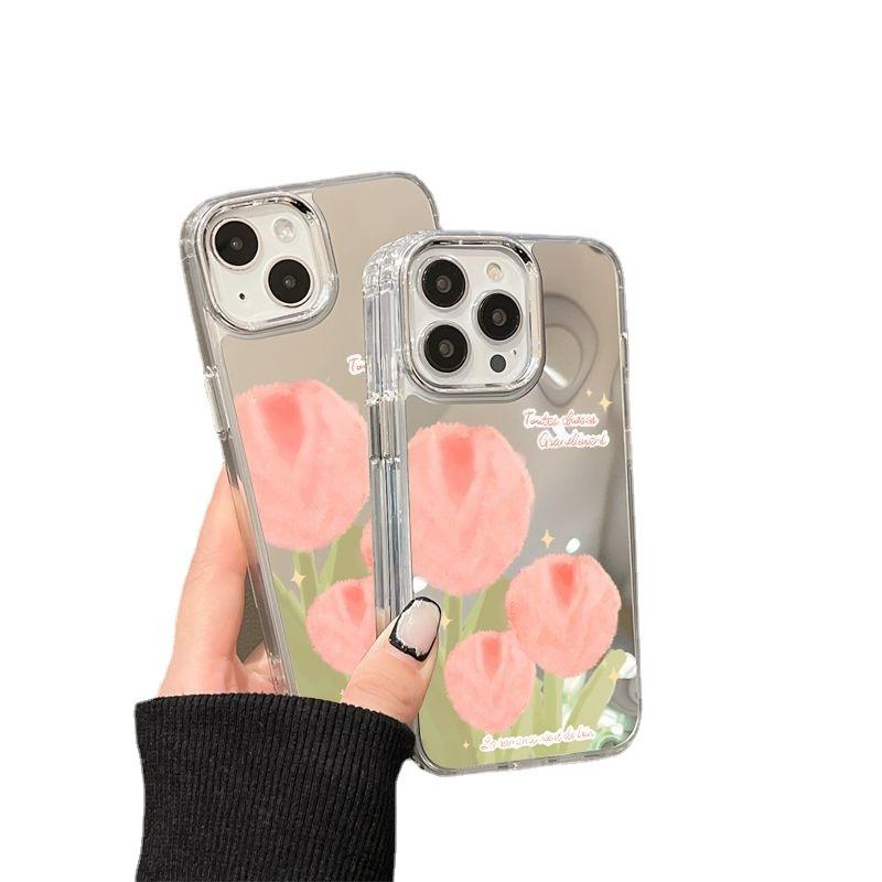 Girl Heart Tulip Painted Mirror Applicable iPhone17 Mobile Phone Case 16Pro Niche x Apple 14 All-Inclusive 15