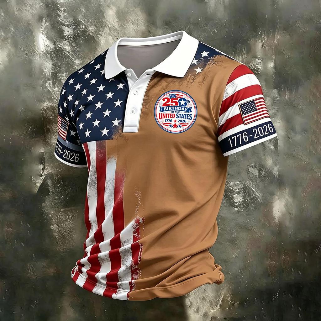 Men's Casual Quick Dry Mesh Golf Polo Shirt Short Sleeve Letter Print 250th Birthday States Theme 1776-2026 Collar Top