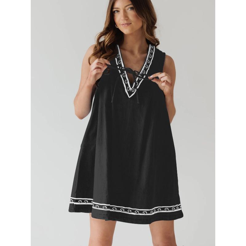 QICED Fashion Summer Spring Solid Color Print Sleeveless V-Neck Casual Dresses