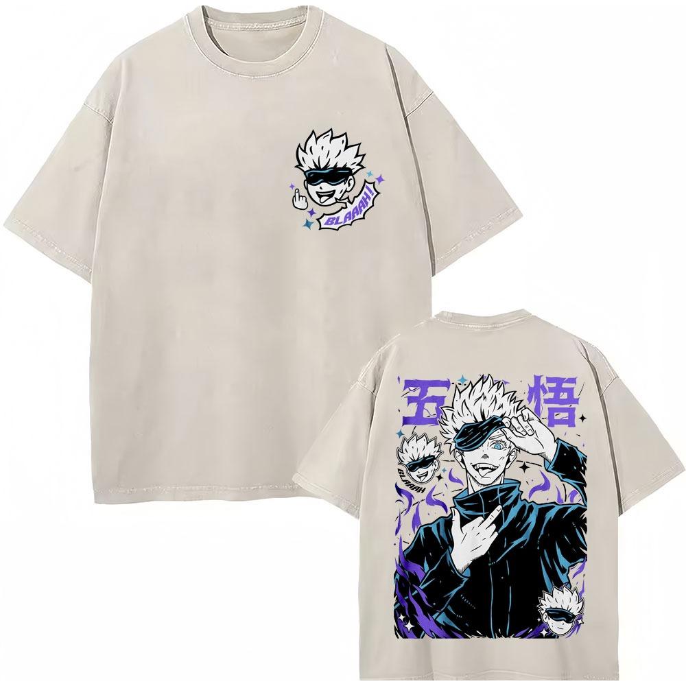 Japan Anime Jujutsu Kaisen Gewaschene T-Shirts Satoru Gojo Geto Suguru T-Shirt Lässig Baumwolle Oversized Harajuku T-Shirt