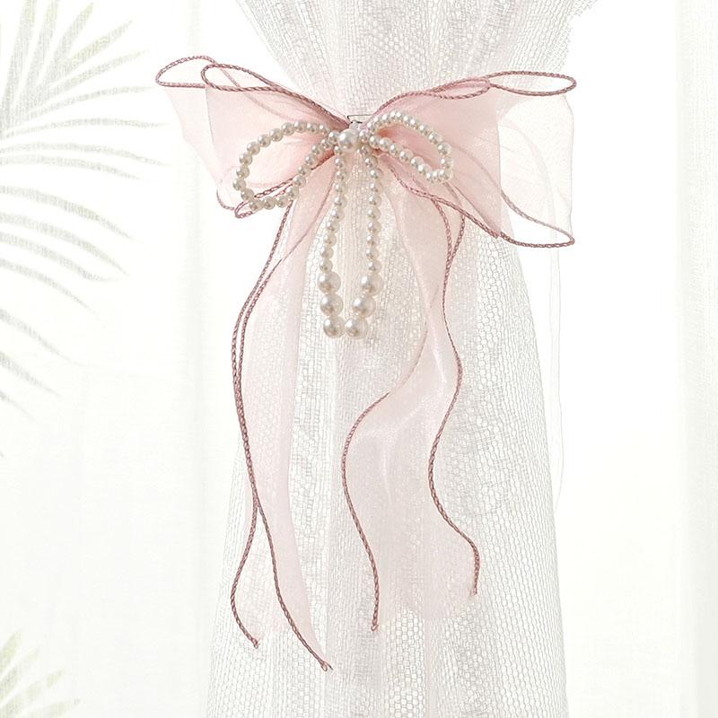 Pearl Accent Bow Tiebacks Curtain Holdbacks Drill-Free Sheer Curtain Clips Adjustable Window Ties Elegant Home Accessories