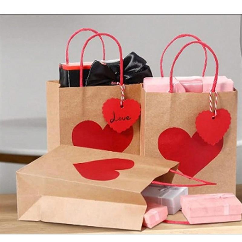 10PCS Valentine's Day Heart Candy Bags Kraft Paper Gift Bags with Handles for Weddings and Birthday Parties
