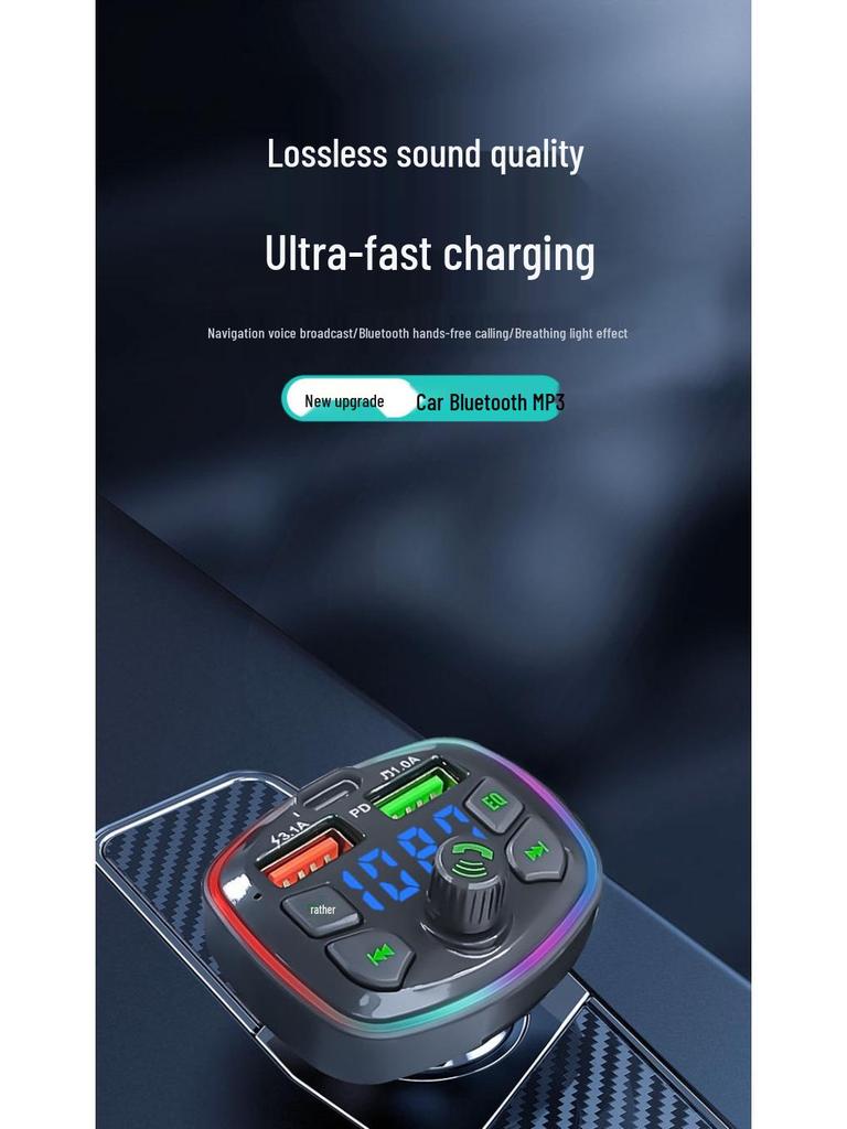 Q7 Car Bluetooth Charger with Fast Charge, Digital Display, Ambient Light, and TF Card Slot