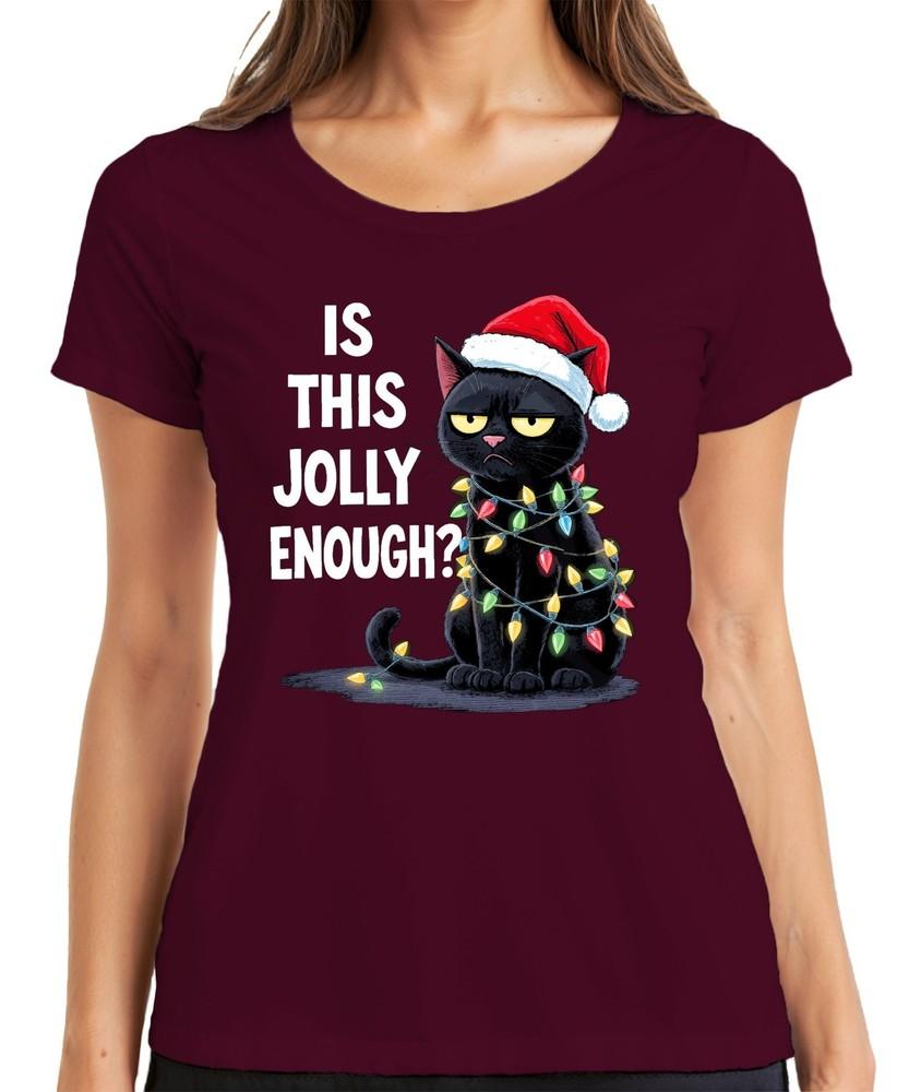 Is This Jolly Enough Christmas Cat Sarcastic Santa Hat Ladies TShirt