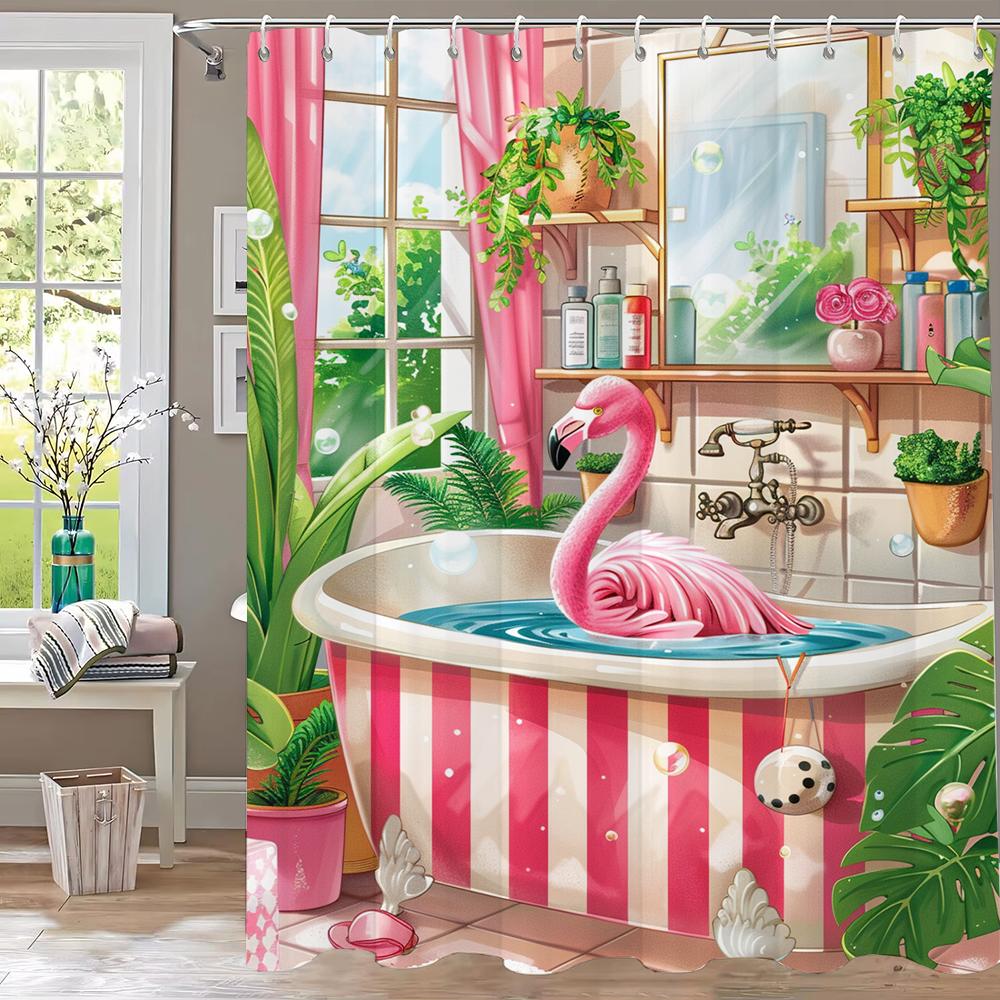 

Flamingo Bathing in Pink bathtub Shower Curtain, Floral Art Bathroom Decorative Curtain, Printed Polyester Curtain with Hooks 90x180cm-35x70in