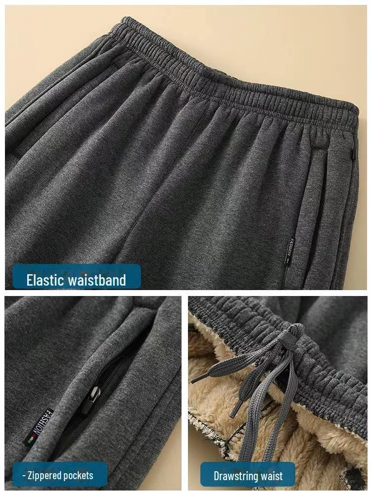 Męskie pluszowe spodnie dresowe z jagnięcej skóry - Pogrubione, o luźnym kroju, zimowe spodnie codzienne dla osób w średnim i starszym wieku.