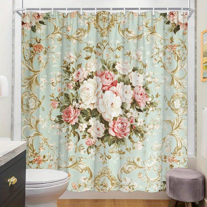 1pc Vintage Floral Shower Curtain - Golden Accents, Pink & White Roses, 70.8x70.8", 12 Hooks, Timeless Beauty