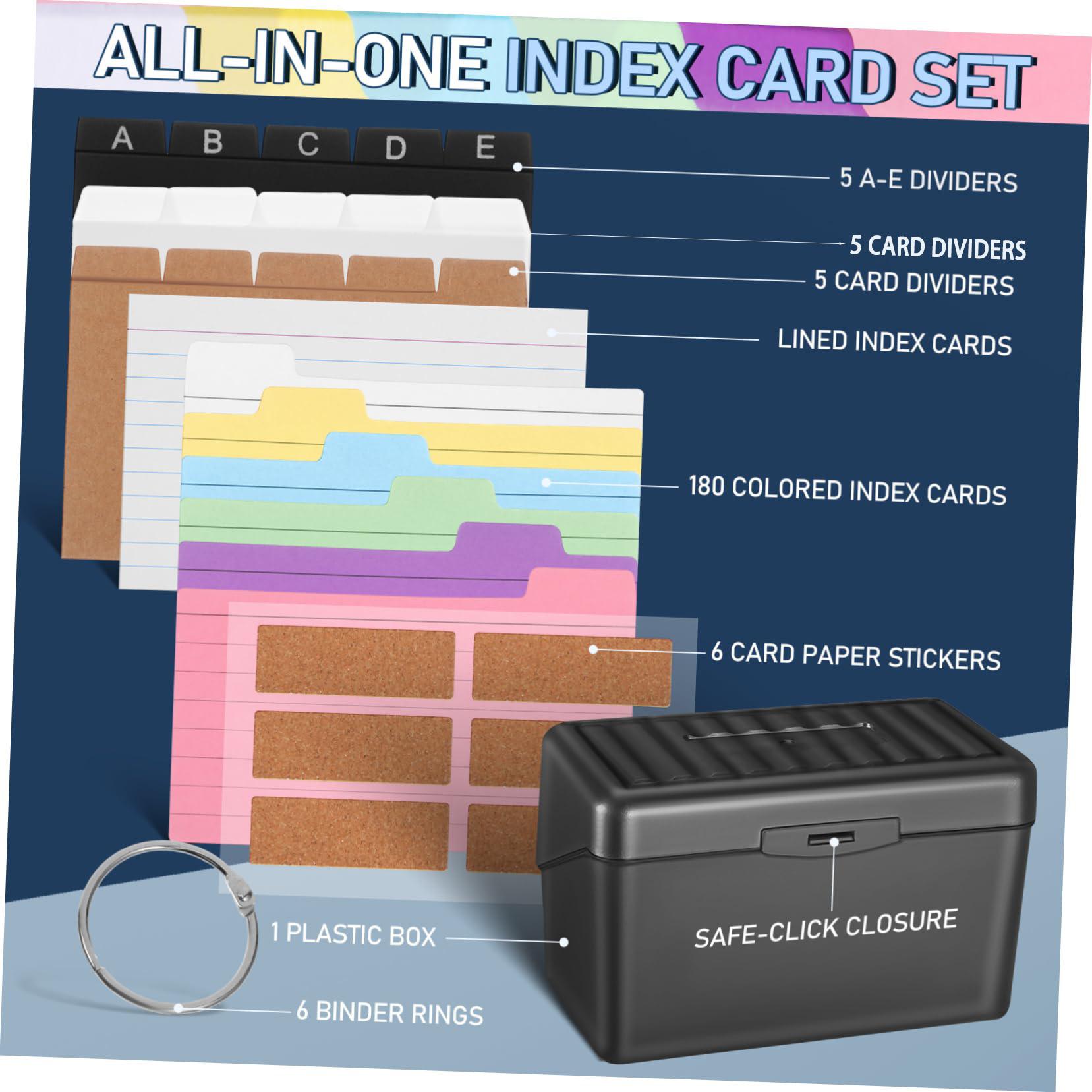 

Набор коробок для индексных карточек, включает 15 разделителей для карточек, 50 линованных индексных карточек, 180 цветных индексных карточек, 6 этикеток, 6 колец, 1 ящик для хранения, для офиса и учебы