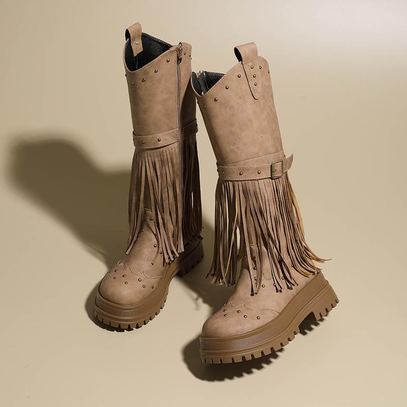 European and American Retro Style Fringed Boots 2025 Autumn and Winter New Rivet Belt Buckle High Boots Fashionable Versatile Knight Boots