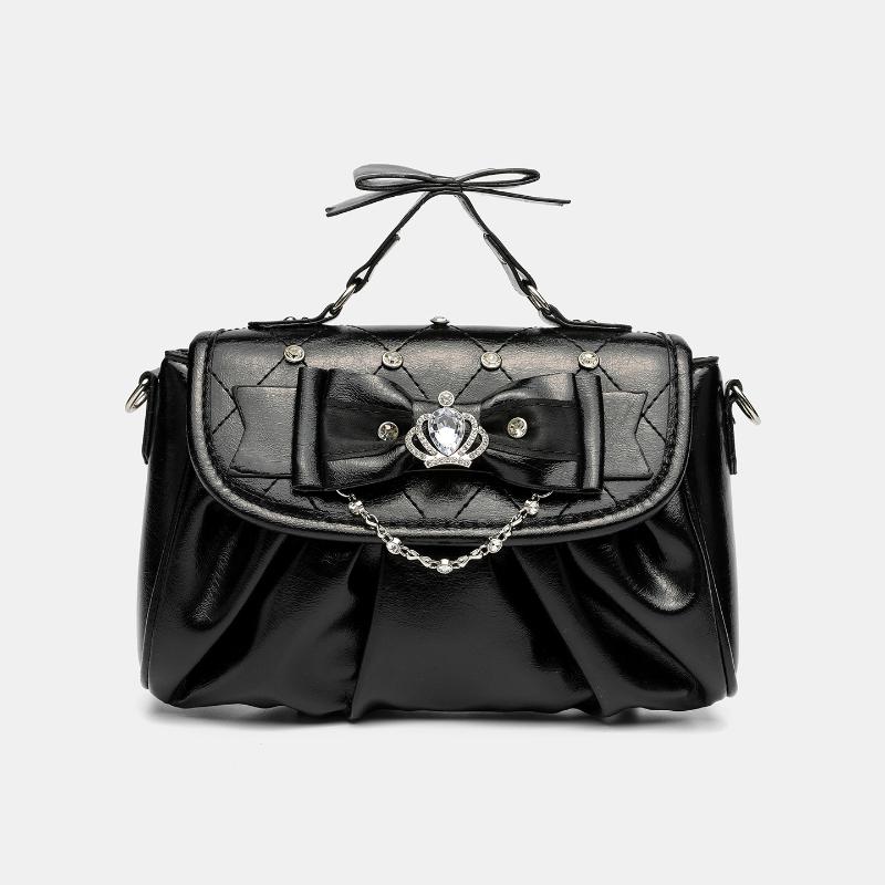 Elegant Pink Bow Rhinestone Underarm Bag Sweet Lolita Pleated Shoulder Bag Portable Bow Handle Handbag Cute Ita Purse