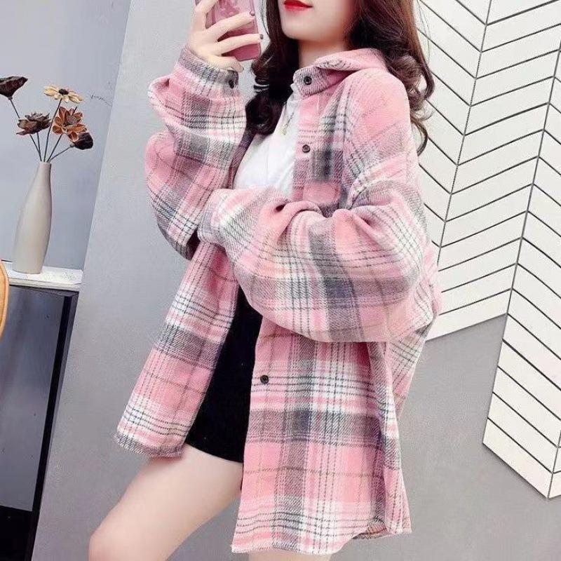 Women's Oversized Mid-Length Plaid Wool Shirt Jacket - Hong Kong Style, Autumn/Spring Trend