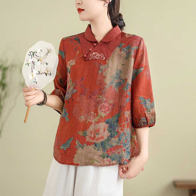 

Повседневные блузки в китайском стиле, рубашки для женщин, новое поступление 2024 года, летние винтажные принты, свободные женские хлопковые топы с коротким рукавом, рубашки B3759 XL красный