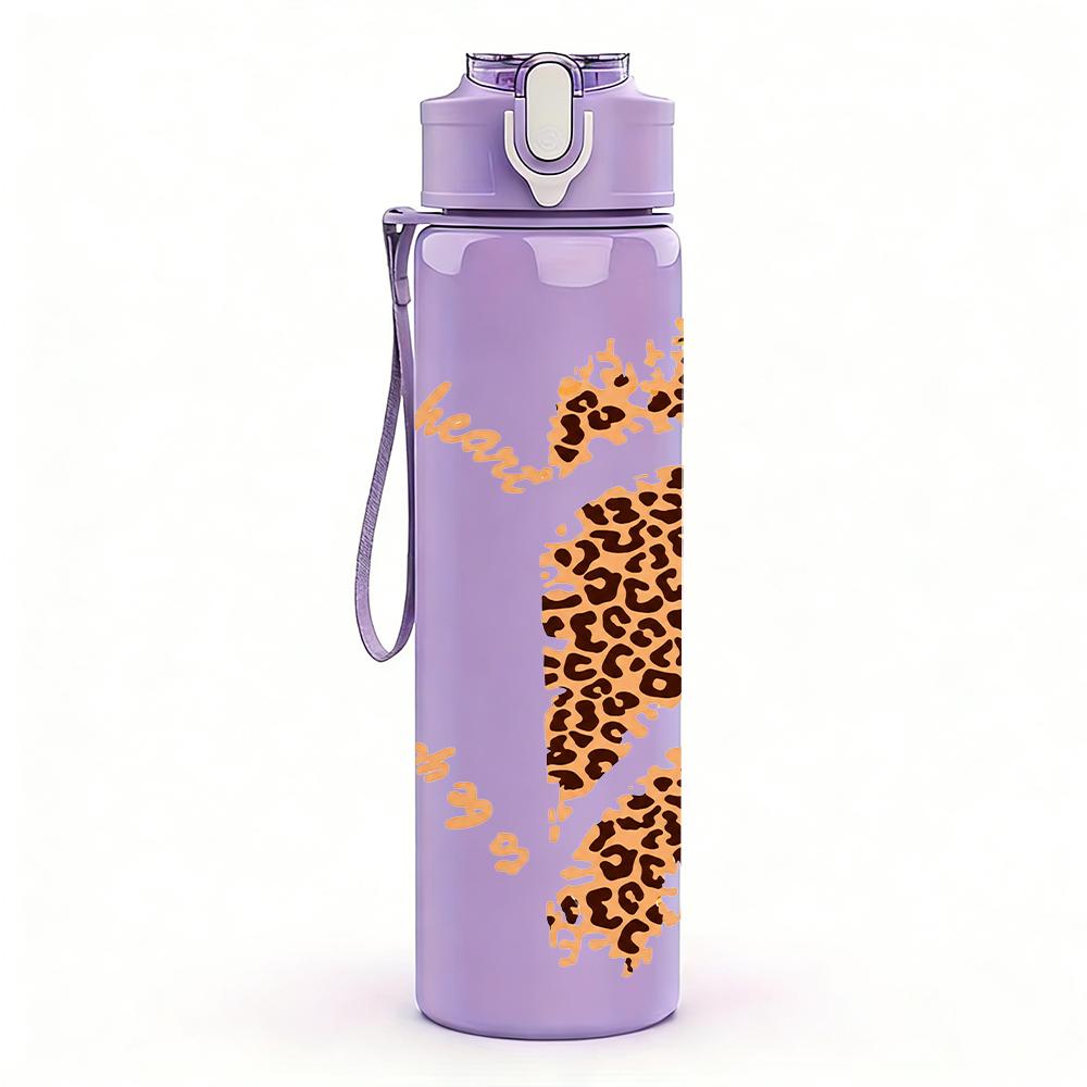1PC Gradient Leopard Print Heart 750ml Color Plastic Sports Water Bottle Leakproof Flip Straw Lid Suitable for Sports Office Home Use
