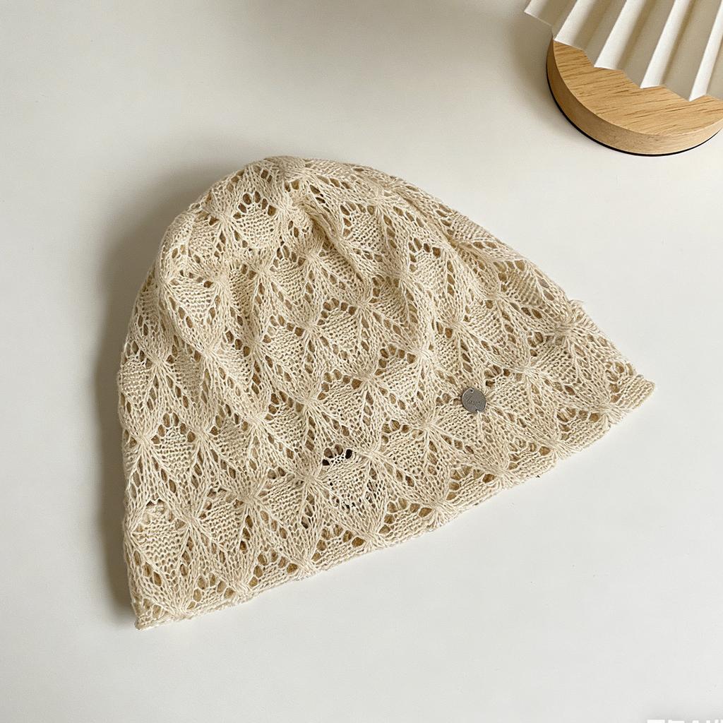 Big head circumference hollow knitted hat black stacking hat women's face small headgear summer thin wool hat