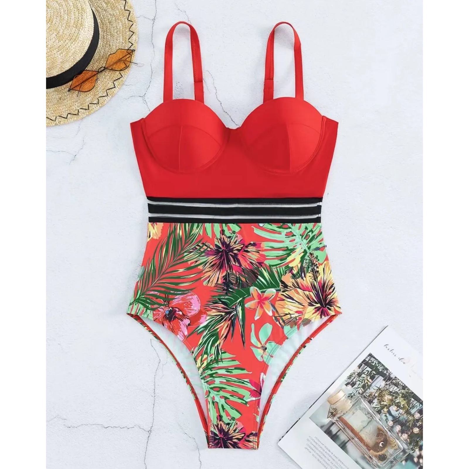 

Сексуальный цельный купальник с тропическим принтом пуш-ап, женский купальник, боди для похудения, летний пляжный купальный костюм, бикини с высокой талией XL красный