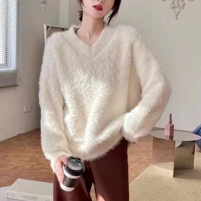 New Autumn and Winter Soft Long Sleeve Pullover Sweater for Women Fashion Loose Casual V-neck Knitted Sweaters Women Elegant Vintage Jumpers 25291
