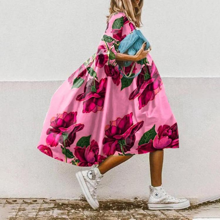 European American Trendy Floral Print Womens Mid Sleeve Dress