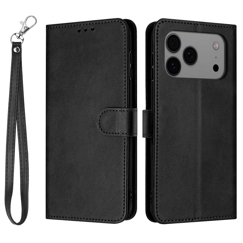 For iPhone 17 Pro Max Case Flip Stand Calf Texture PU Leather Wallet Phone Cover with Strap