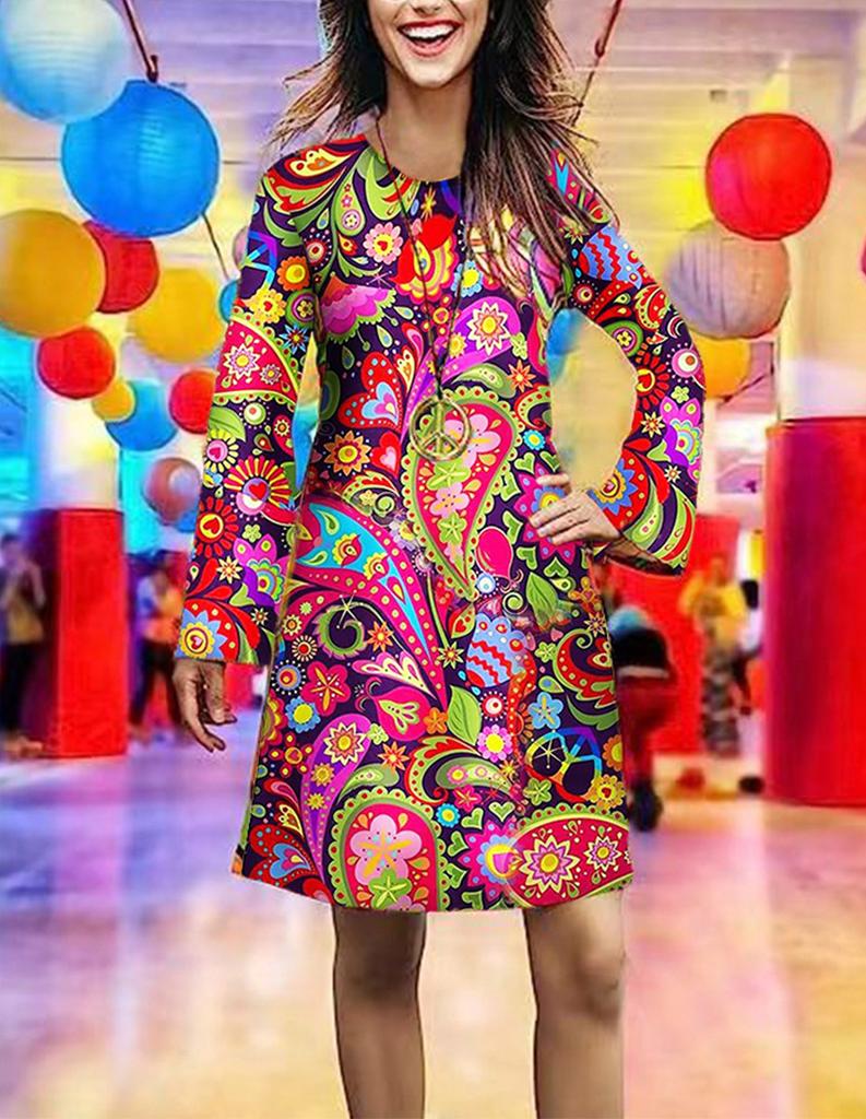 New Women's Halloween Vintage Hippie Trumpet Sleeve Printed Women's Dress