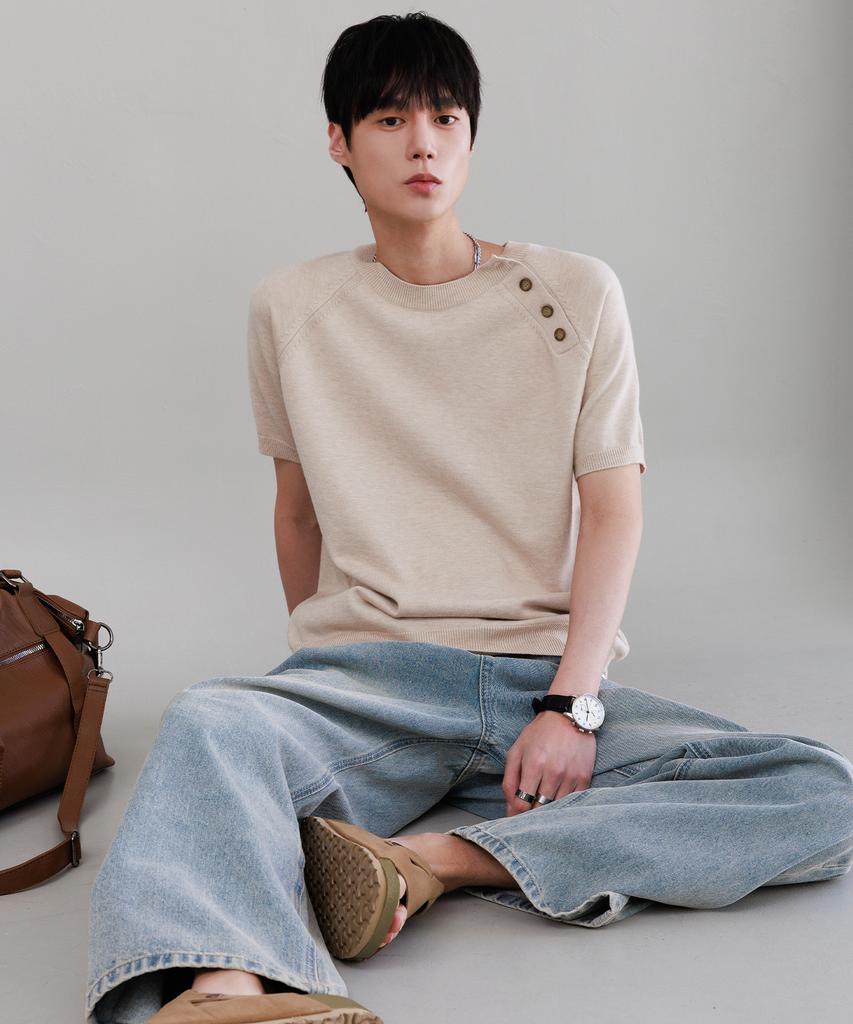 NODU Shoulder Button Raglan Crop Half Knit [Oatmeal]