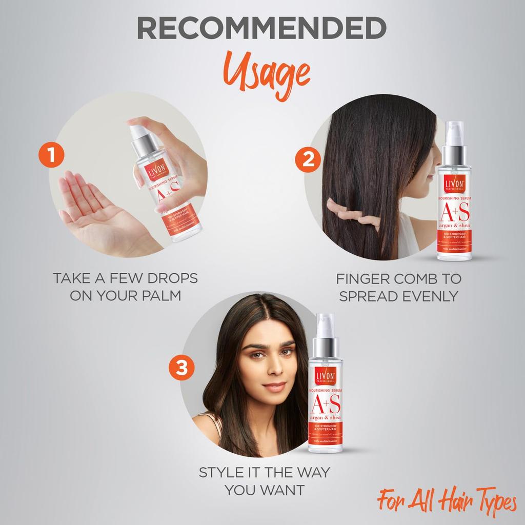 Livon Professional Nourishing Serum For Women And Men With Argan Shea Multivitamins 100ml Frizz-Free Hair Soft Strong Shine