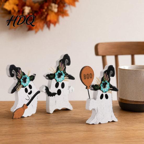 Spooky Table Decorations 3Pcs Halloween Decoration Black Cat Ghost Witch Hat Decor Centerpiece Rustic Farmhouse Wooden Centerpieces for Home Office