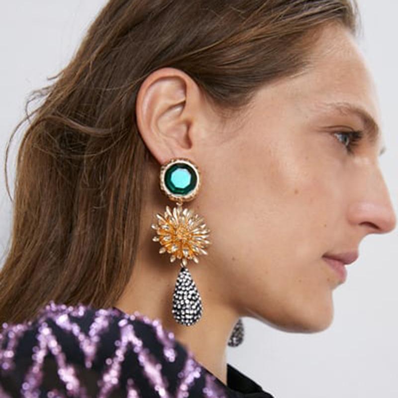 Fashion Alloy Sun Flower Drop Earrings for Women Party Bling Crystal Statement Bridal Drop Earrings Jewelry