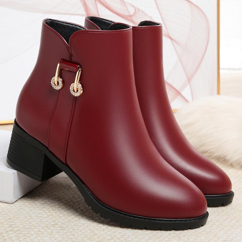 Women's thick-heeled short boots, autumn and winter new single boots, soft leather and velvet leather shoes