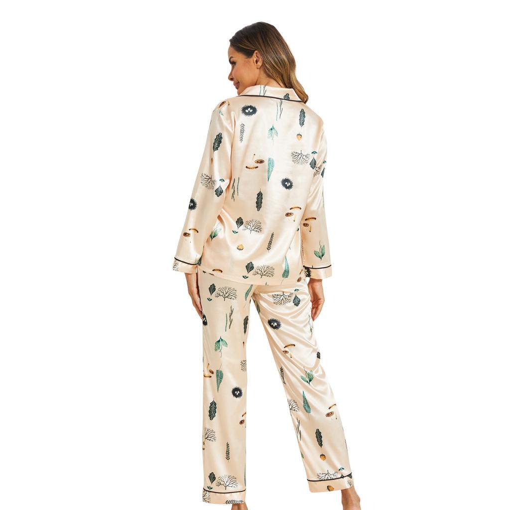 Herbst Hauskleidung Langärmlige Hosen Pyjama-Set Satin Bedruckte Nachtwäsche Locker Lässig Schlafbekleidung Damen Sexy Revers Loungewear