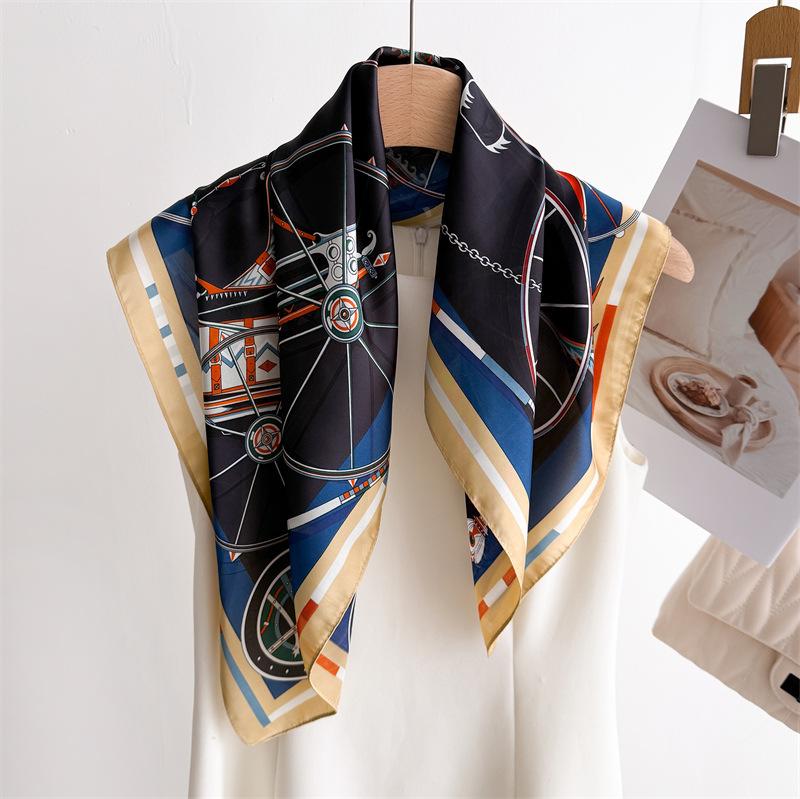 Retro Mechanical Printing Silk Scarf Square Scarf High-End Shawl Professional Versatile Neck Small Square Scarf Headscarf